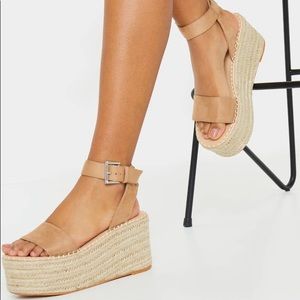 Tan Buckle Ankle Strap Flatform Espadrille Sandal